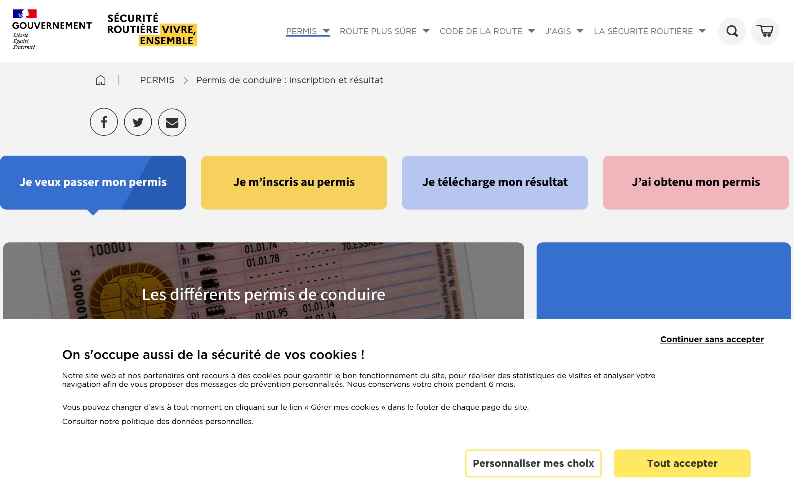 Copie d'écran de http://www.securite-routiere.gouv.fr/permis-de-conduire/resultats-du-permis-de-conduire#/step-connexion