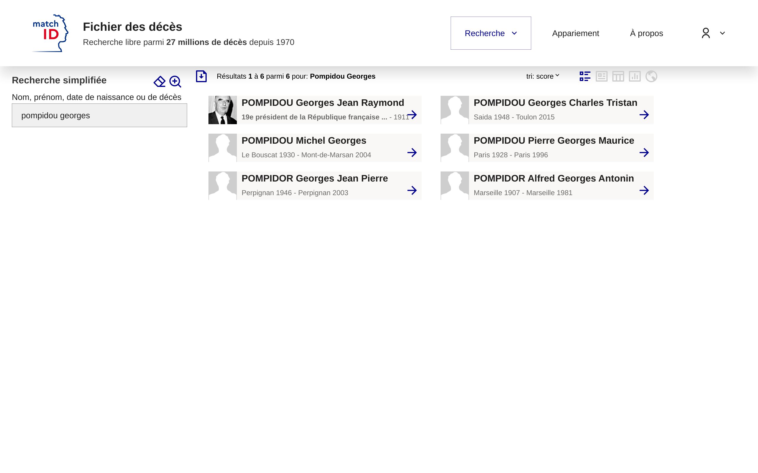 Copie d'écran de https://deces.matchid.io/search?q=pompidou+georges