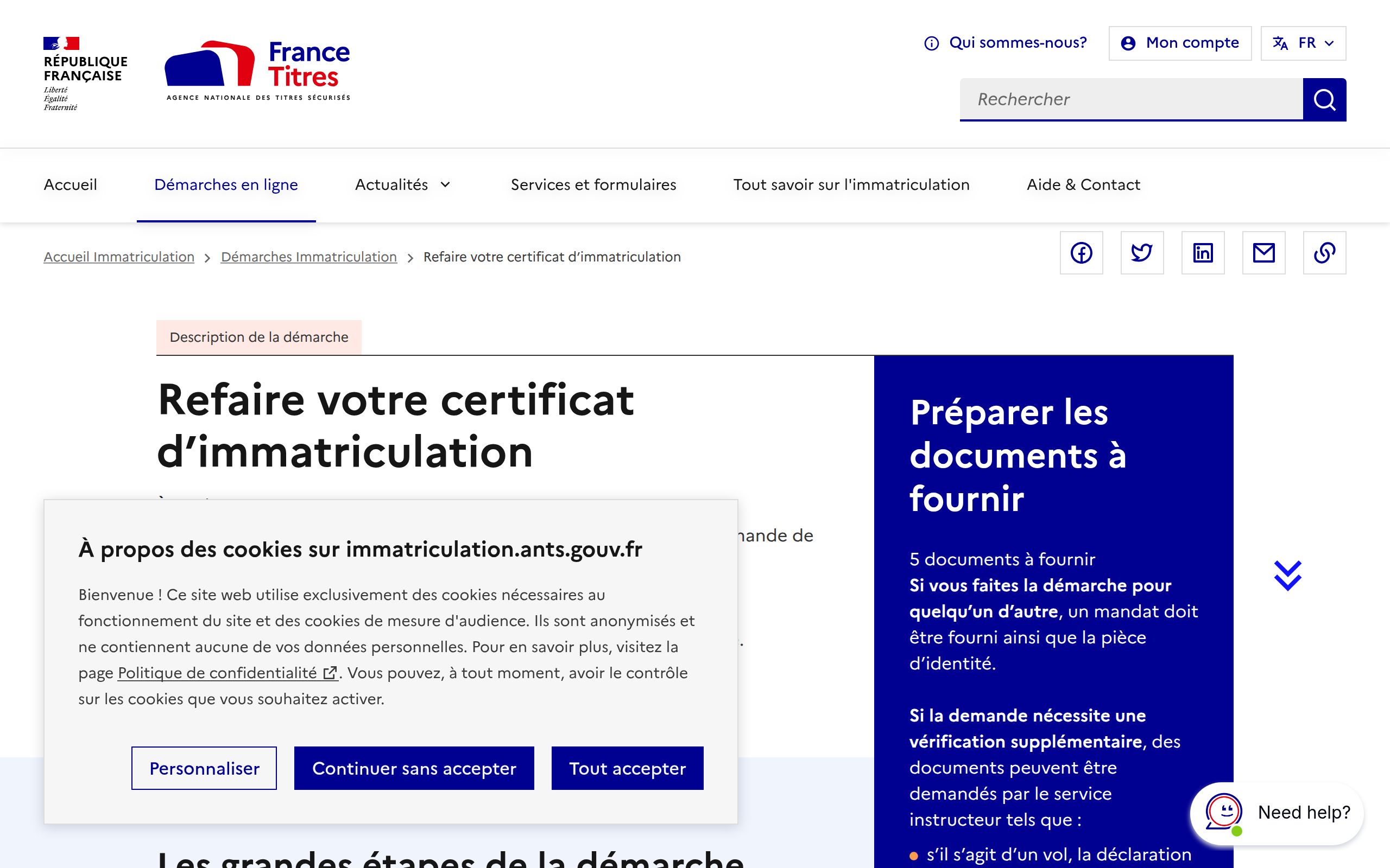 Copie d'écran de https://immatriculation.ants.gouv.fr/demarches-en-ligne/refaire-votre-certificat-dimmatriculation