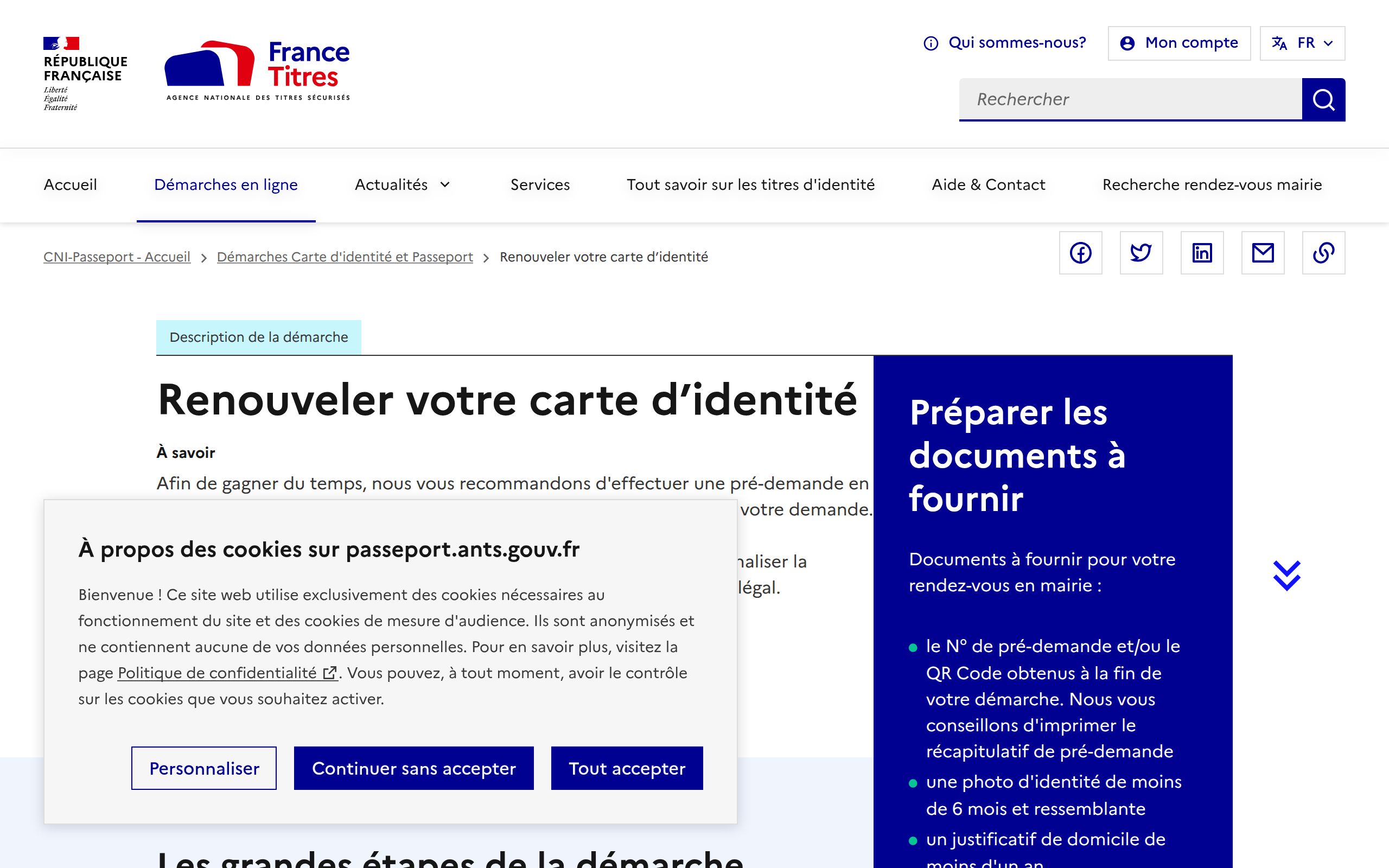 Copie d'écran de https://passeport.ants.gouv.fr/Services-associes/Realiser-une-pre-demande-de-carte-nationale-d-identite-CNI