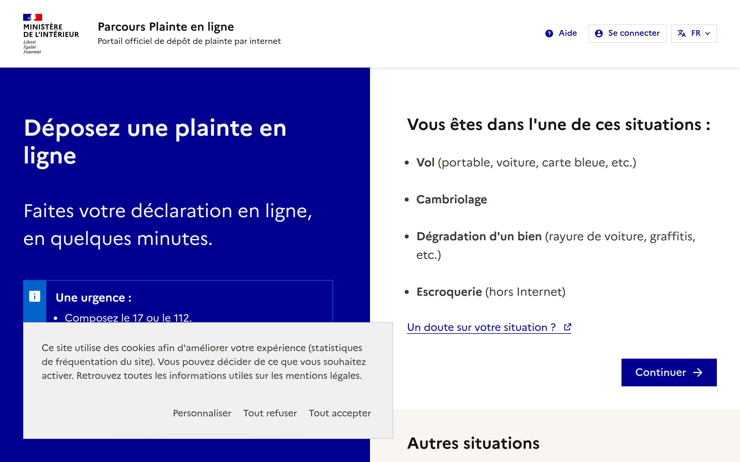 Copie d'écran de https://plainte-en-ligne.masecurite.interieur.gouv.fr/