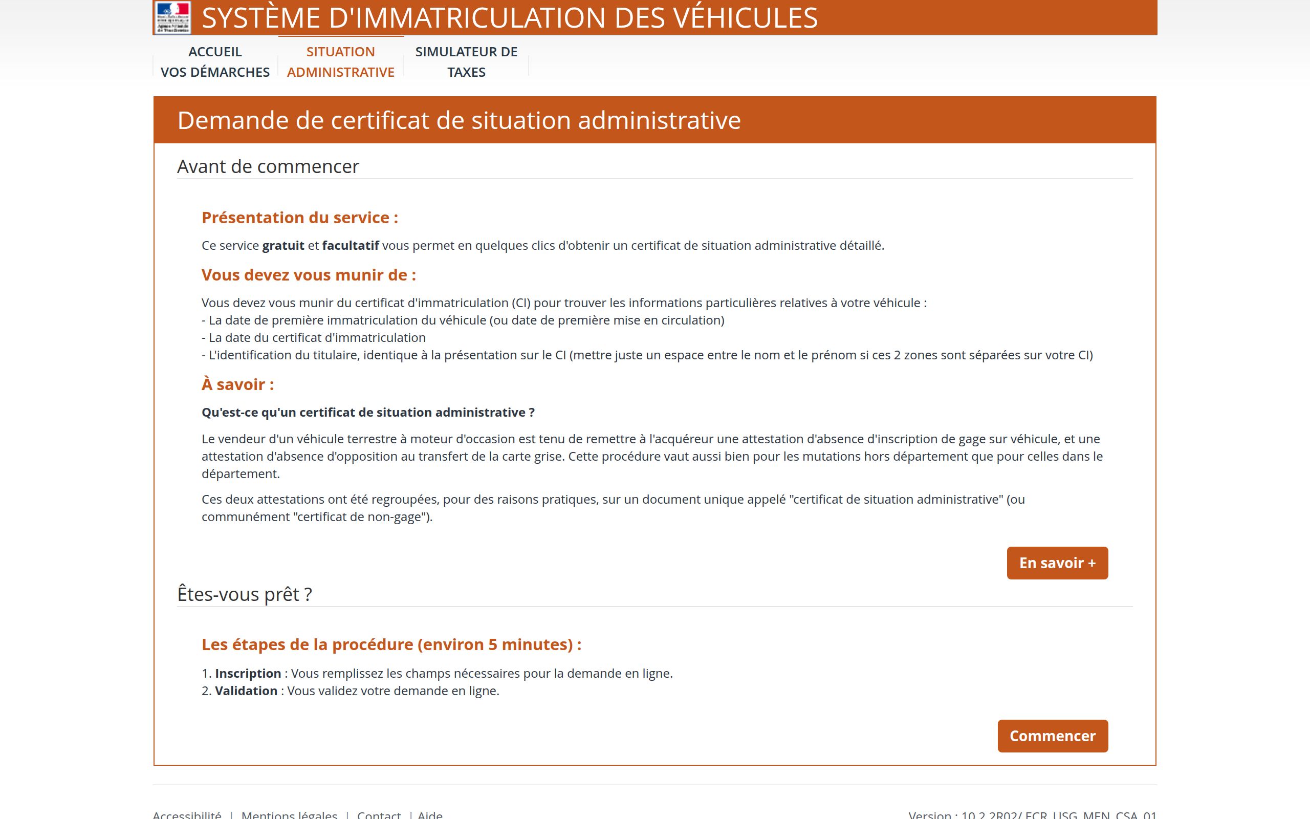 Copie d'écran de https://siv.interieur.gouv.fr/map-usg-ui/do/accueil_certificat